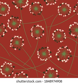Cute dandelion blowing vector floral seamless pattern. May flowers with heart shaped fluff flying. Dandelion herbs meadow flowers floral background design. Meadow blossom textile print graphics.