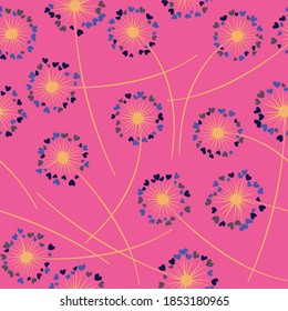 Cute dandelion blowing vector floral seamless pattern. Spring flowers with heart shaped petals. Dandelion herbs meadow flowers floral background design. Meadow blossom textile print graphics.