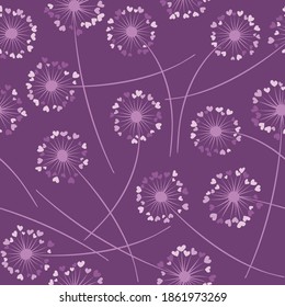 Cute dandelion blowing vector floral seamless pattern. Spring flowers with heart shaped petals. Dandelion herbs meadow flowers floral background design. Hearts love symbols meadow blossom.