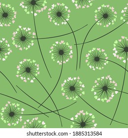 Cute dandelion blowing vector floral seamless pattern. Cute flowers with heart shaped petals. Vector dandelion herbs meadow flowers floral background. Meadow blossom fabric print graphics.