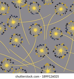 Cute dandelion blowing vector floral seamless pattern. May flowers with heart shaped fluff flying. Vector dandelion herbs meadow flowers floral background. Hearts love symbols meadow blossom.