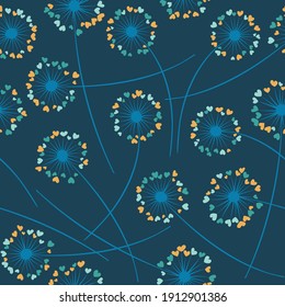 Patrón de flujo sin soldadura del vector de soplado de dandelion. Hermosas flores con pétalos en forma de corazón. Las hierbas de dandelion vectorial praderas flores de fondo floral. El prado florece con los corazones zumbando.