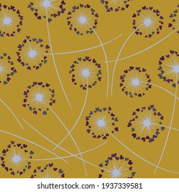 Cute dandelion blowing vector floral seamless pattern. Spring flowers with heart shaped petals. Dandelion herbs meadow flowers floral background design. Meadow blossom with hearts fuzz.