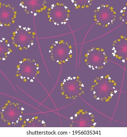 Cute dandelion blowing vector floral seamless pattern. May flowers with heart shaped fluff flying. Dandelion herbs meadow flowers floral pattern design. Hearts love symbols meadow blossom.
