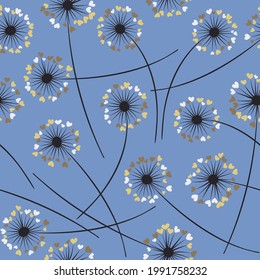 Cute dandelion blowing vector floral seamless pattern. Simple flowers with heart shaped petals. Dandelion herbs meadow flowers floral pattern design. Meadow blossom with hearts fuzz.