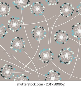 Cute dandelion blowing vector floral seamless pattern. Spring flowers with heart shaped petals. Dandelion herbs meadow flowers floral background design. Meadow blossom fabric print graphics.