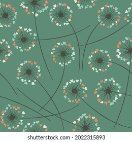 Cute dandelion blowing vector floral seamless pattern. Lovely flowers with heart shaped petals. Dandelion herbs meadow flowers floral pattern design. Meadow blossom with hearts petals.