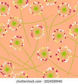 Cute dandelion blowing vector floral seamless pattern. May flowers with heart shaped petals. Dandelion herbs meadow flowers floral background design. Meadow blossom textile print graphics.