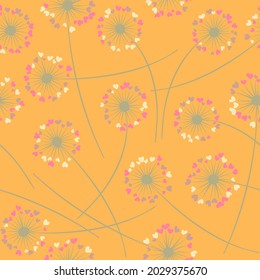 Cute dandelion blowing vector floral seamless pattern. Spring flowers with heart shaped petals. Dandelion herbs meadow flowers floral background design. Meadow blossom with hearts fuzz.