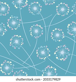 Cute dandelion blowing vector floral seamless pattern. Lovely flowers with heart shaped fluff flying. Dandelion herbs meadow flowers floral background design. Meadow blossom textile print.