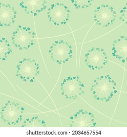 Cute dandelion blowing vector floral seamless pattern. May flowers with heart shaped fluff flying. Vector dandelion herbs meadow flowers floral background. Hearts love symbols meadow blossom.
