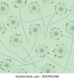 Cute dandelion blowing vector floral seamless pattern. Spring flowers with heart shaped fluff flying. Dandelion herbs meadow flowers floral background design. Meadow blossom fabric print.
