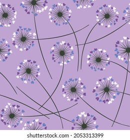 Cute dandelion blowing vector floral seamless pattern. May flowers with heart shaped petals. Dandelion herbs meadow flowers floral pattern design. Meadow blossom with hearts petals.