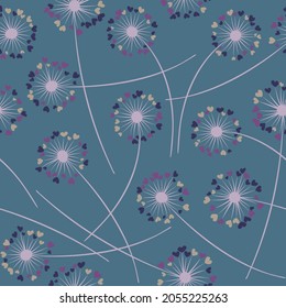 Patrón de flujo sin soldadura del vector de soplado de dandelion. Flores simples con el corazón en forma de flor volando. Las hierbas de dandelion vectorial praderas flores de fondo floral. Impresión textil de flor de pradera.