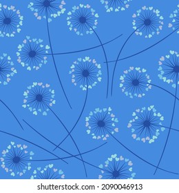 Cute dandelion blowing vector floral seamless pattern. May flowers with heart shaped fluff flying. Dandelion herbs meadow flowers floral background design. Hearts love symbols meadow blossom.