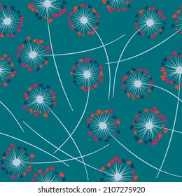 Cute dandelion blowing vector floral seamless pattern. Spring flowers with heart shaped petals. Dandelion herbs meadow flowers floral pattern design. Meadow blossom textile print graphics.