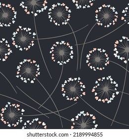 Cute dandelion blowing vector floral seamless pattern. Lovely flowers with heart shaped fluff flying. Dandelion herbs meadow flowers floral background design. Hearts love symbols meadow blossom.
