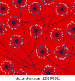 Cute dandelion blowing vector floral seamless pattern. Cute flowers with heart shaped petals. Dandelion herbs meadow flowers floral pattern design. Hearts love symbols meadow blossom.