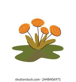 cute dandelion consisting of simple shapes, bush of yellow flowers with leaves