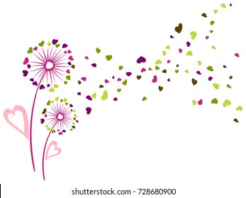 Cute dandelion flowers valentine background vector card. Heart shaped feather fluff, leaves, abstract flying petals. Meadow dandelion blowing romantic feelings illustration. Love symbols print design.