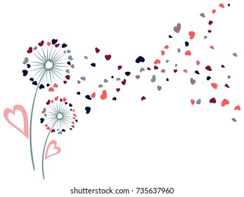 Cute dandelion flowers valentine background vector card. Heart shaped feather fluff, leaves, abstract flying petals. Meadow dandelion blowing romantic feelings illustration. Love symbols print design.