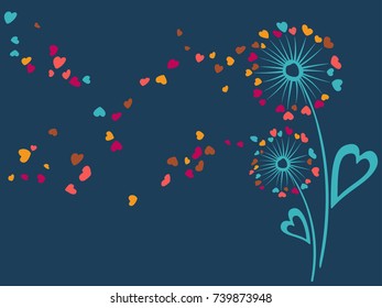 Cute dandelion flowers valentine background vector card. Heart shaped feather fluff, leaves, abstract flying petals. Meadow dandelion blowing romantic feelings illustration. Love symbols print design.
