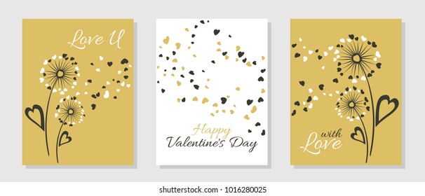 Cute dandelion flowers valentine template for cards, vector layouts set. With Love, Happy Valentine's Day text on card layouts. Heart shaped flying petals, love symbols. Dandelion blowing and text.