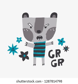 Cute dangerous bear in the forest. T-shirt graphics for kids vector illustration. Scandinavian design.