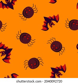 Cute and dangerous vampire bat and spider vector halloween seamless pattern