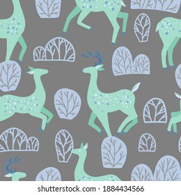 Cute dappled deer flat hand drawn vector seamless pattern. Colorful wallpaper in scandinavian style. Abstract winter animal background. Beautiful design for prints, wrap, textile, fabric, decor, card.