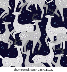 Cute dappled deer flat hand drawn vector seamless pattern. Colorful wallpaper in scandinavian style. Abstract winter animal background. Beautiful design for prints, wrap, textile, fabric, decor, card.