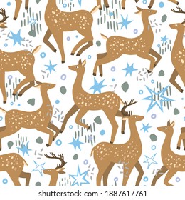 Patrón de acero sin fisuras del vector plano de ciervo acoplado a mano. Papel colorido al estilo escandinavo. Resumen del fondo animal forestal. Hermoso diseño para impresiones, envolturas, textiles, tela, decoración, tarjeta.