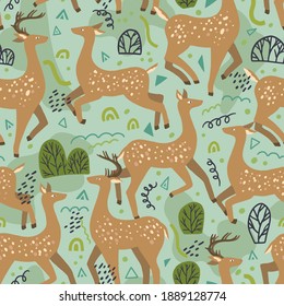 Cute dappled deer flat hand drawn vector seamless pattern. Colorful wallpaper in scandinavian style. Abstract forest animal background. Beautiful design for prints, wrap, textile, fabric, decor, card.