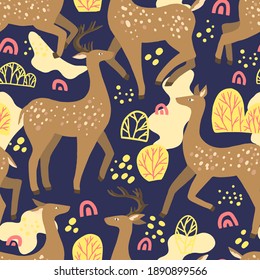 Patrón de acero sin fisuras del vector plano de ciervo acoplado a mano. Papel colorido al estilo escandinavo. Resumen del fondo animal forestal. Hermoso diseño para impresiones, envolturas, textiles, tela, decoración, tarjeta.