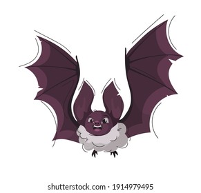 Cute dark bat, flying with wings spread. Vector cartoon illustration  isolated on white background.