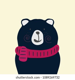 Cute dark blue bear with Scarf isolate on yellow background. vector design. illustration 