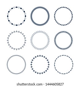 Cute dark blue circle direction arrows, stars, and dots emblems icons set on white background