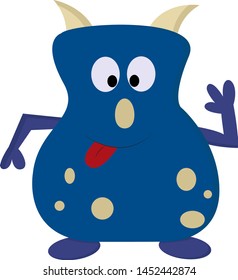 A cute dark blue monster with a red tongue stuck out, two horns and a spots, vector, color drawing or illustration.