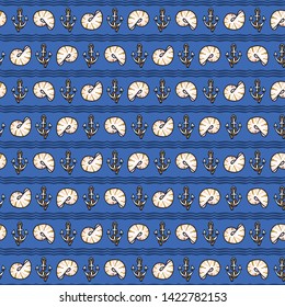 Cute dark blue sea shell stripe cartoon seamless vector pattern. Hand drawn spiral clam tile. All over print for nautical blog, mollusk graphic, ocean home decor.
