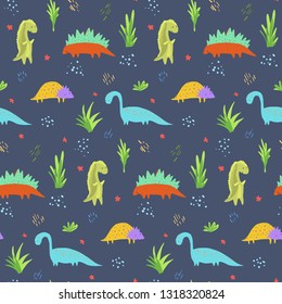 Cute dark blue seamless pattern with bright colorful dinosaurs for kids textile. Childish texture with diplodocus, tyrannosaurs, triceratops characters for children cloth, wrapping paper, background