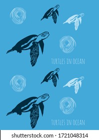 Cute dark blue and white funny turtles with twirls in ocean. Vector art pattern on blue background
