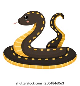 Cute dark brown and yellow snake. Colorful suffocating reptile. Chinese New Year symbol. Funny snake character isolated on white background. Vector illustration for card, sticker, calendar.