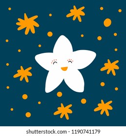 Cute dark cartoon Poster with sleeping happy character star; Dream; With stars; Ideal for print; cards; kids room; design; Blue; white; yellow colors