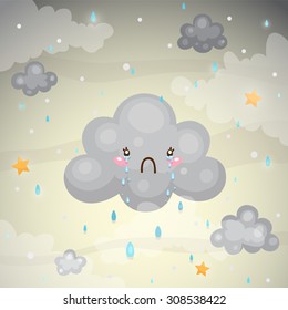 Cute dark cloud with tears of sadness and the rain, children's illustration of "Why does it rain", vector.