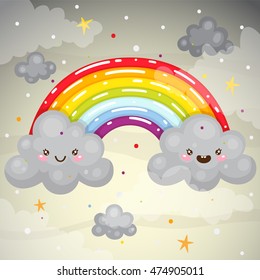 Cute dark clouds and a rainbow, children's illustration, vector.