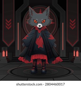 Cute dark cyberpunk fox mascot character wearing a black and red cloak, standing in a futuristic neon sci-fi temple with gothic fantasy atmosphere. Perfect for game assets, mascot branding, stickers, web design, and fantasy illustrations.
