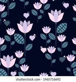 cute dark floral heart seamless pattern. abstract hearts, light purple flowers with stems and leaves formed by geometric shapes, circles randomly arranged on a dark background. vector