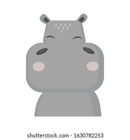 cute dark gray little hippo with pink cheeks, in a hurry. harmonious rich colors. on a white background. flat illustration, vector.