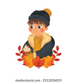 Lindo chico de otoño de pelo oscuro en chaqueta y sombrero con taza de café y Elementos botánicos en estilo de acuarela. Otoño acogedor personaje o mascota. Ilustración vectorial aislada sobre fondo blanco. 
