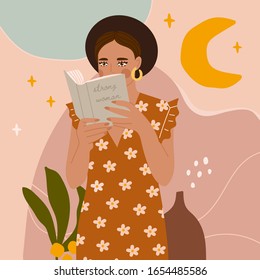 Cute dark haired girl reading a Book while standing. Young woman. Beautiful dress with print. Read more books concept. Hand drawn Vector trendy illustration with Abstract background. Pastel colors